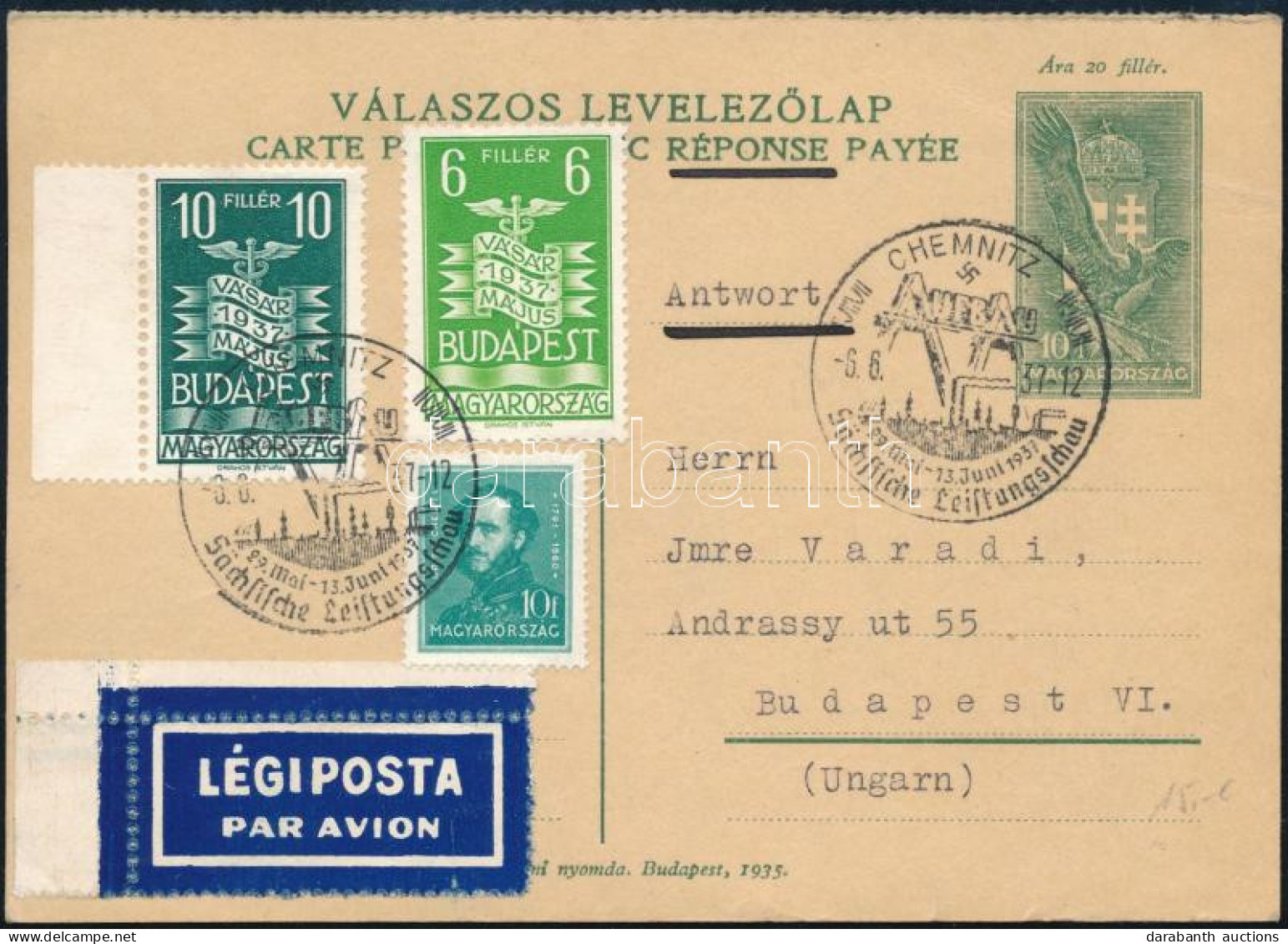 1937 Magyar Díjjegyes Válaszlap Díjkiegészítéssel Németországból Visszaküldve - Autres & Non Classés