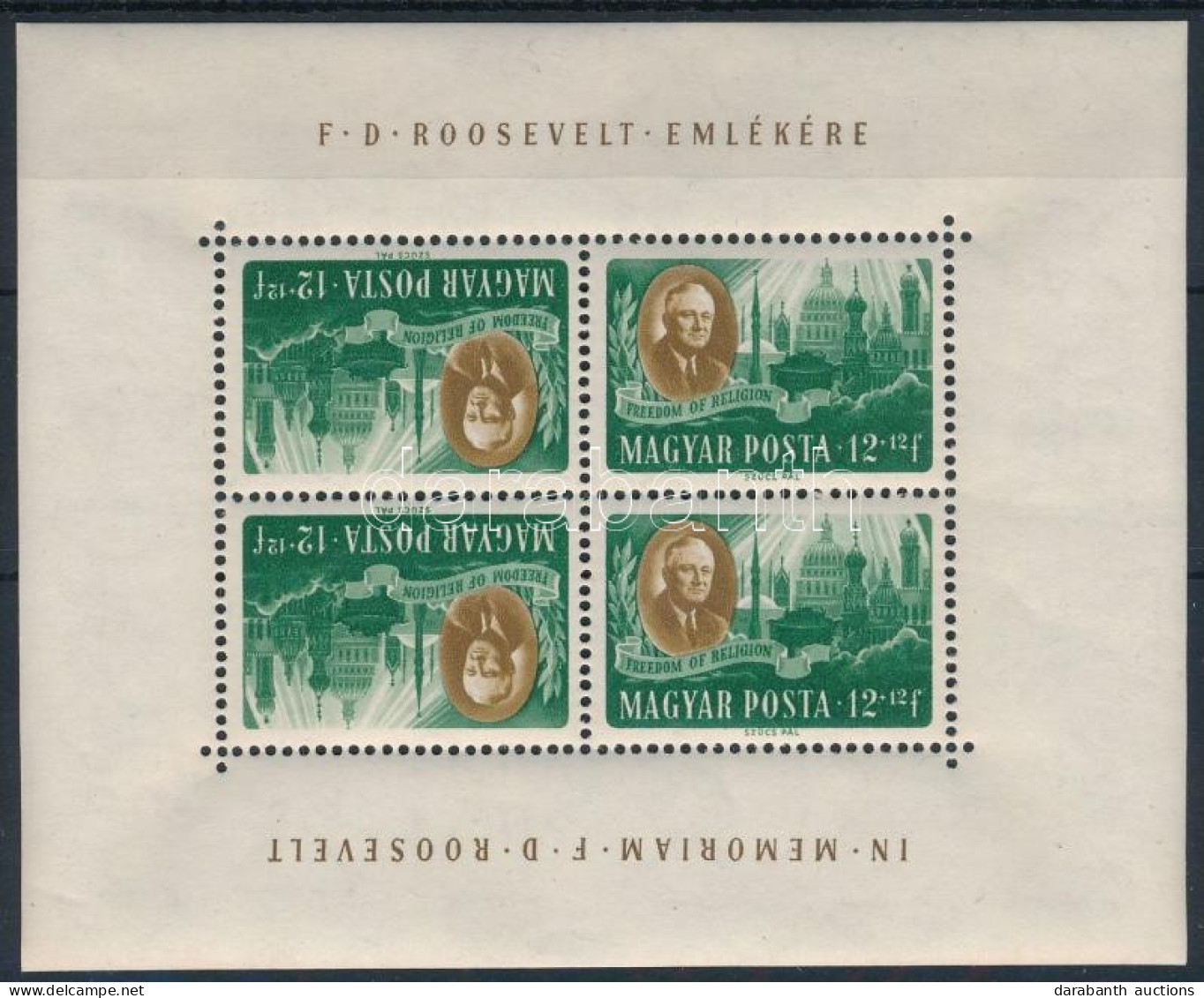 ** 1947 Roosevelt 12+12f Fordított Képállású Kisív (22.500) (apró Ránc / Small Crease) - Sonstige & Ohne Zuordnung