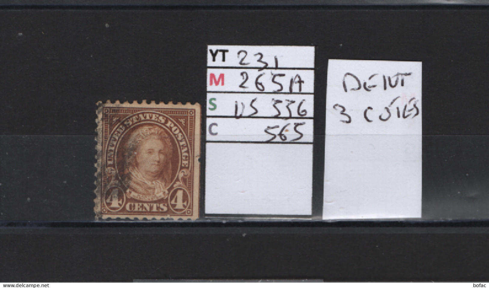 PRIX FIXE Obl 231 YT MIC SCOT GIB Martha Washington 1922 1925 Etats Unis 58/07  Dentelé 3 Cotés - Usados