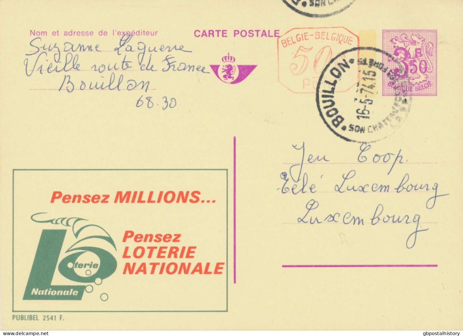 BELGIUM VILLAGE POSTMARKS  BOUILLON Son Chateua Et Ses Fortes SC 1974 (Postal Stationery 3,50 F + 0,50 F, PUBLIBEL 2541 - Vlagstempels