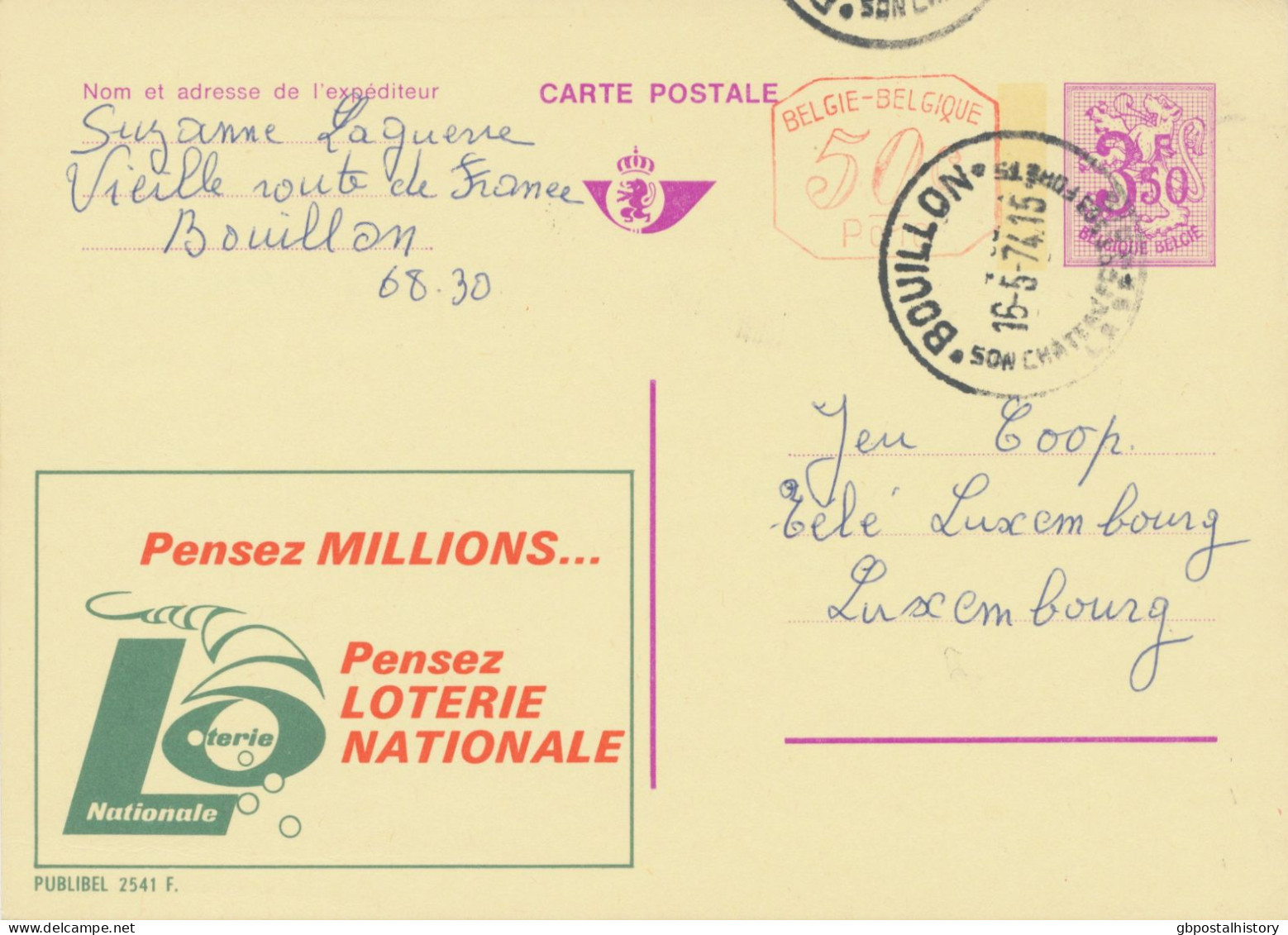 BELGIUM VILLAGE POSTMARKS  BOUILLON Son Chateua Et Ses Fortes SC 1974 (Postal Stationery 3,50 F + 0,50 F, PUBLIBEL 2541 - Sellados Mecánicos