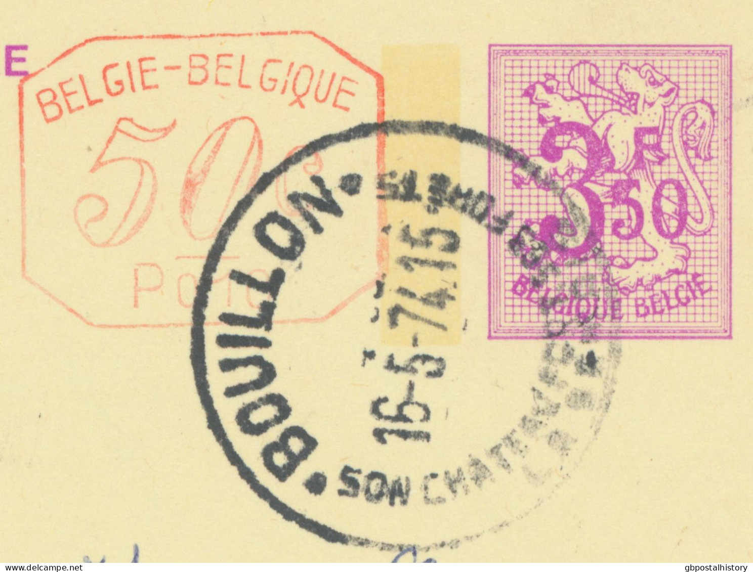 BELGIUM VILLAGE POSTMARKS  BOUILLON Son Chateua Et Ses Fortes SC 1974 (Postal Stationery 3,50 F + 0,50 F, PUBLIBEL 2541 - Targhette