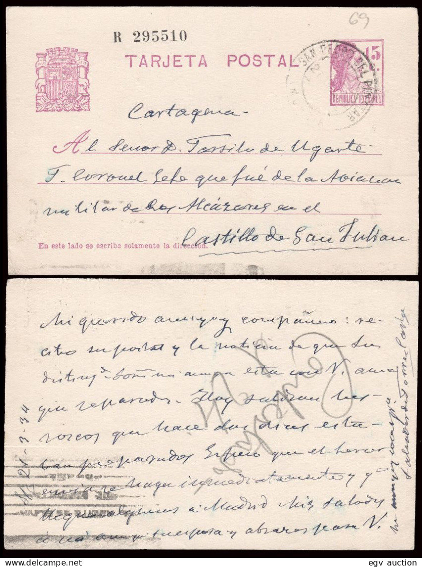 Murcia - Edi O EP 69 - Entero Postal Mat "S. Pedro Pinatar 21/03/34" A Castillo De San Julián - 1931-....