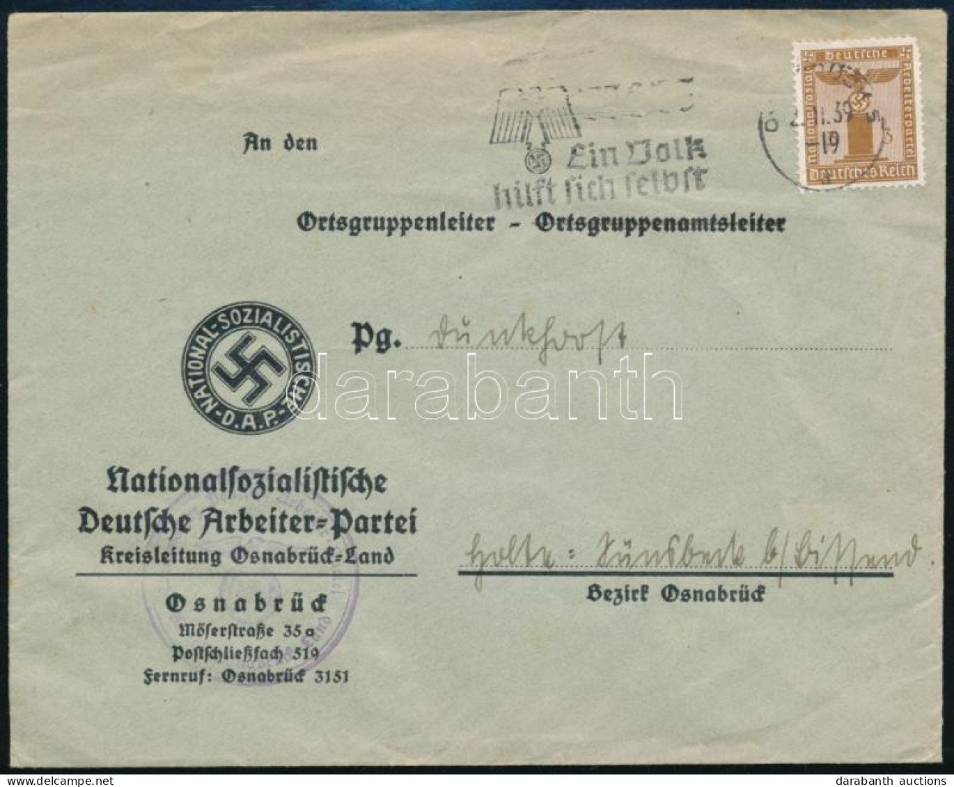 Deutsches Reich 1939 Nemzetiszocialista Párt Hivatalos Levele, Hátoldalán Angol-ellenes Propaganda Cimkével. Ritka Darab - Sonstige & Ohne Zuordnung