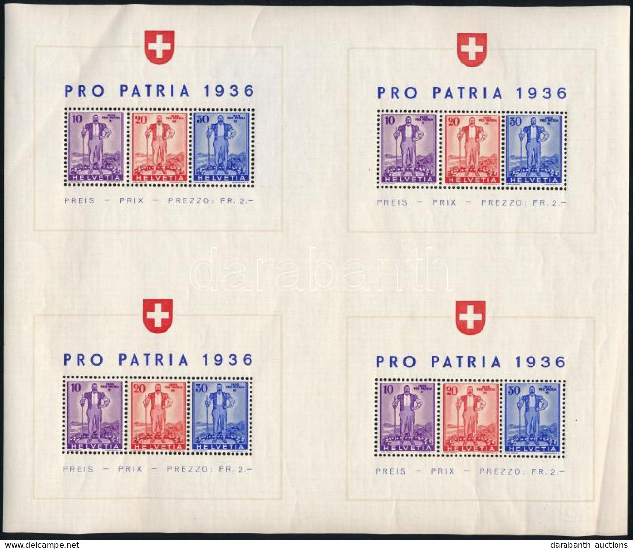 ** Svájc 1936 Pro Patria Mi Bl 4, 4 Db Blokkot Tartalmazó Un. Nagyblokk (ráncok / Creases, Törés / Folded) (Mi EUR 370,- - Other & Unclassified