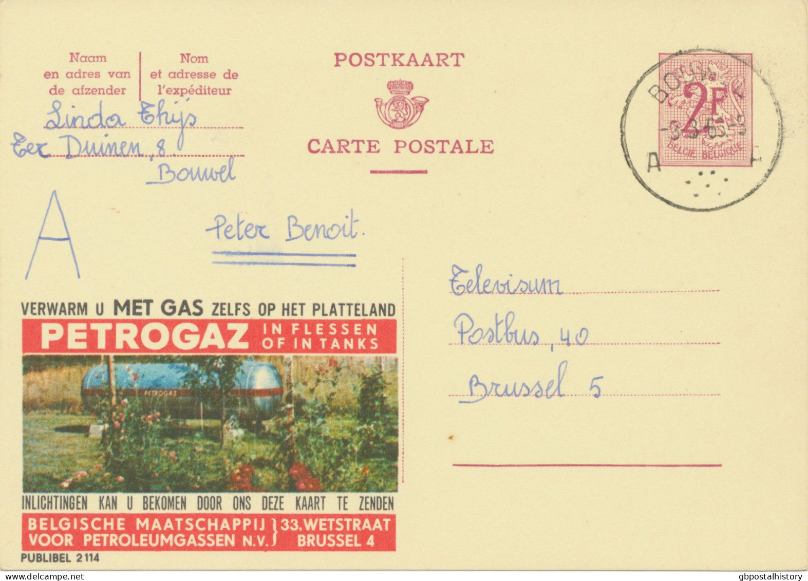BELGIUM VILLAGE POSTMARKS  BOUWEL A SC With Dots 1965 (Postal Stationery 2 F, PUBLIBEL 2114) - Puntstempels
