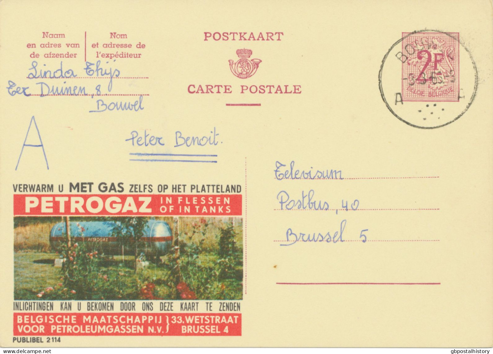 BELGIUM VILLAGE POSTMARKS  BOUWEL A SC With Dots 1965 (Postal Stationery 2 F, PUBLIBEL 2114) - Matasellado Con Puntos