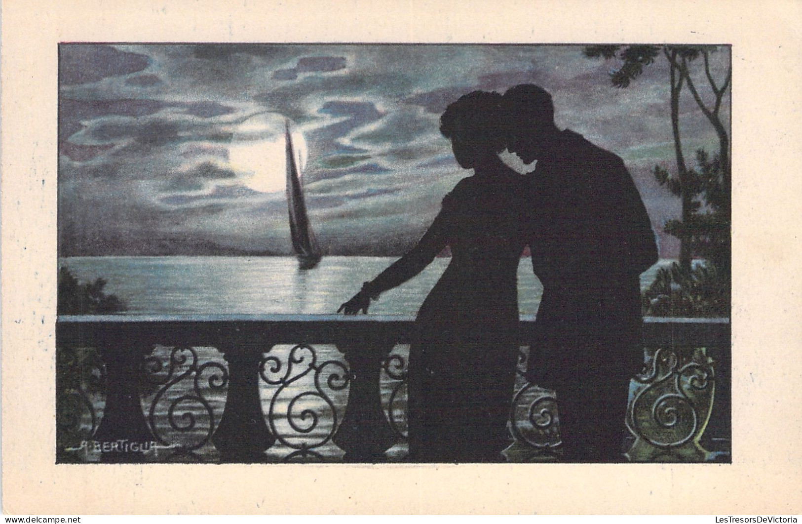 Illustrateur - Bertiglia - Silhouettes D'amoureux - Sur Un Balcon - Carte Postale Ancienne - Bertiglia, A.