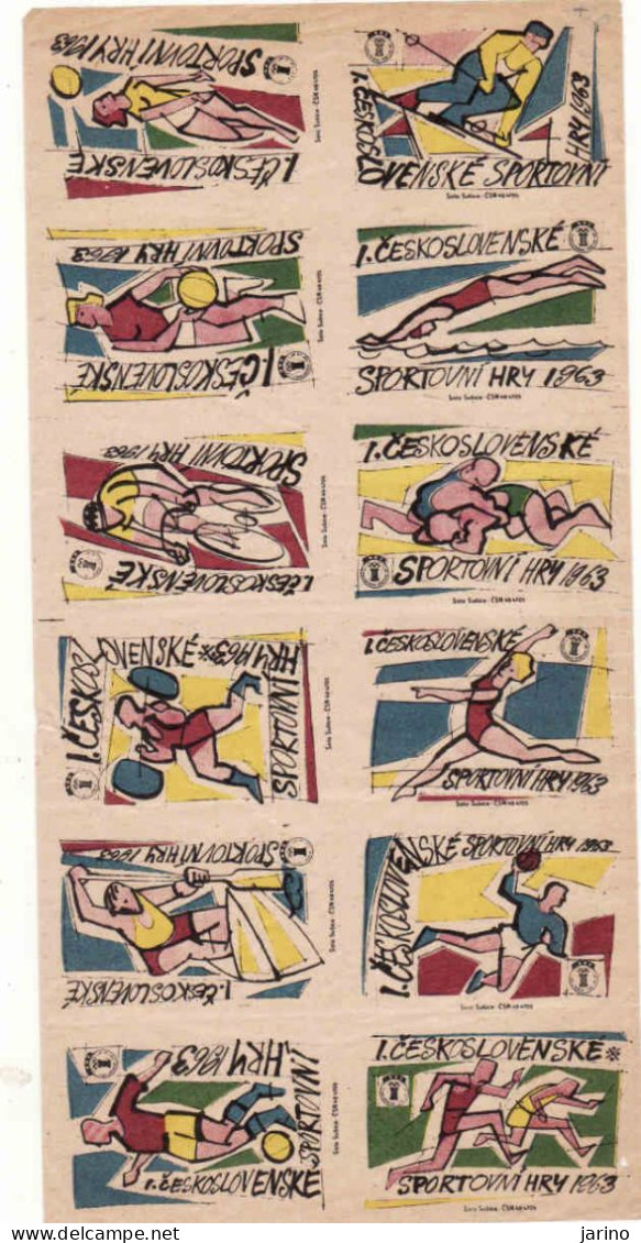 Czechoslovakia - Czechia 12 Matchbox Labels 1963, Sport Swimming Judo Handball Skiing Fotball Cycling Voleyball Run - Boites D'allumettes - Etiquettes