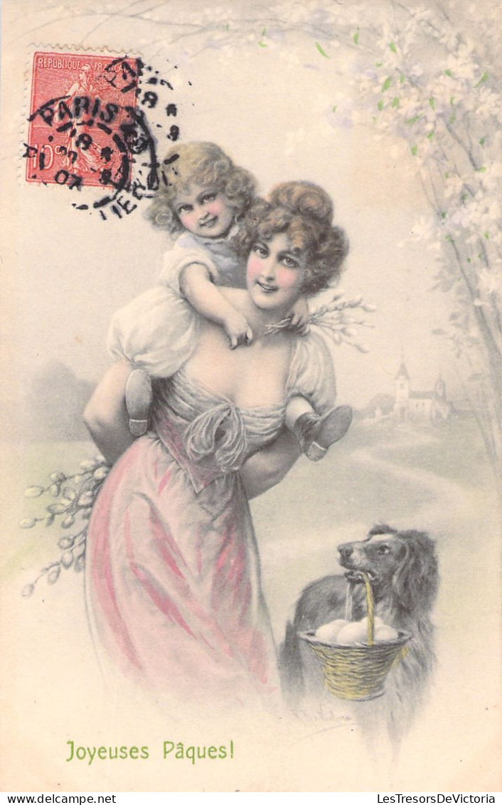 Illustrateur - Wichera - Femme Avec Un Enfant Sur Son Dos - Paques - M M  Vienne - Carte Postale Ancienne - Wichera