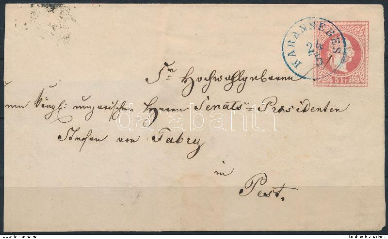 ~1869 5kr Díjjegyes Levél Előlap, Kék "KARÁNSEBES" Bélyegzéssel - Other & Unclassified