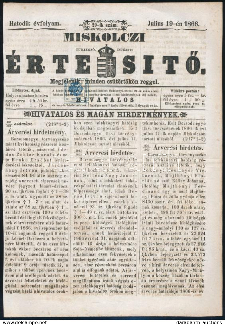 1866 Miskolczi Értesítő Előlap Hírlapilleték Bélyeggel - Other & Unclassified