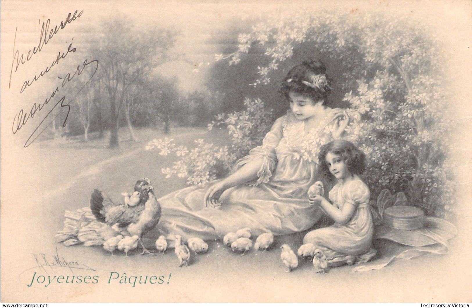 Illustrateur - Wichera - Femme Et Petite Fille Avec Poule Et Poussins - Paques - M M  Vienne - Carte Postale Ancienne - Wichera