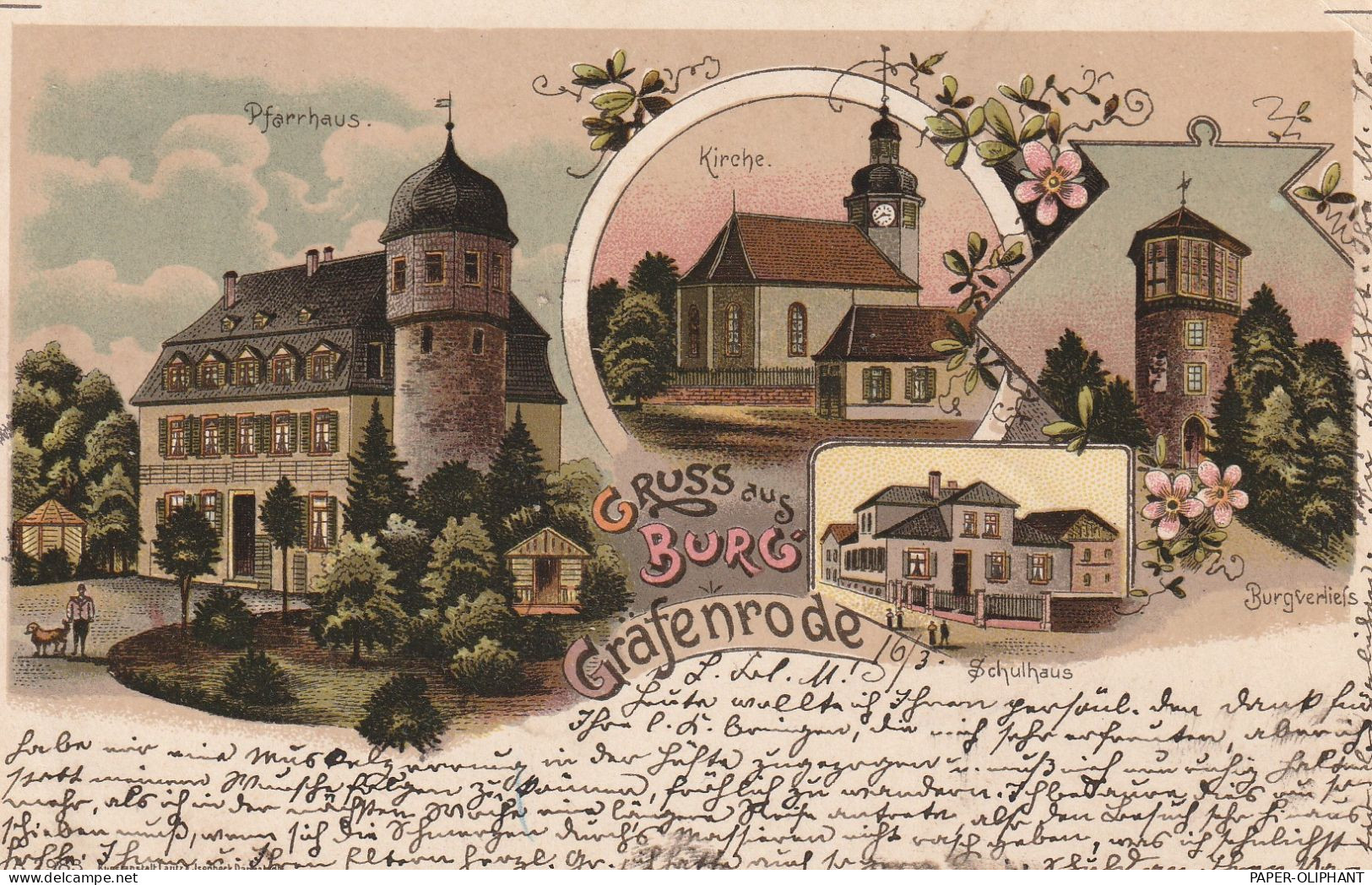 6367 KARBEN - BURG GRÄFENRODE, Lithographie, Schule, Kirche, Burgverlies, Pfarrhaus - Karben