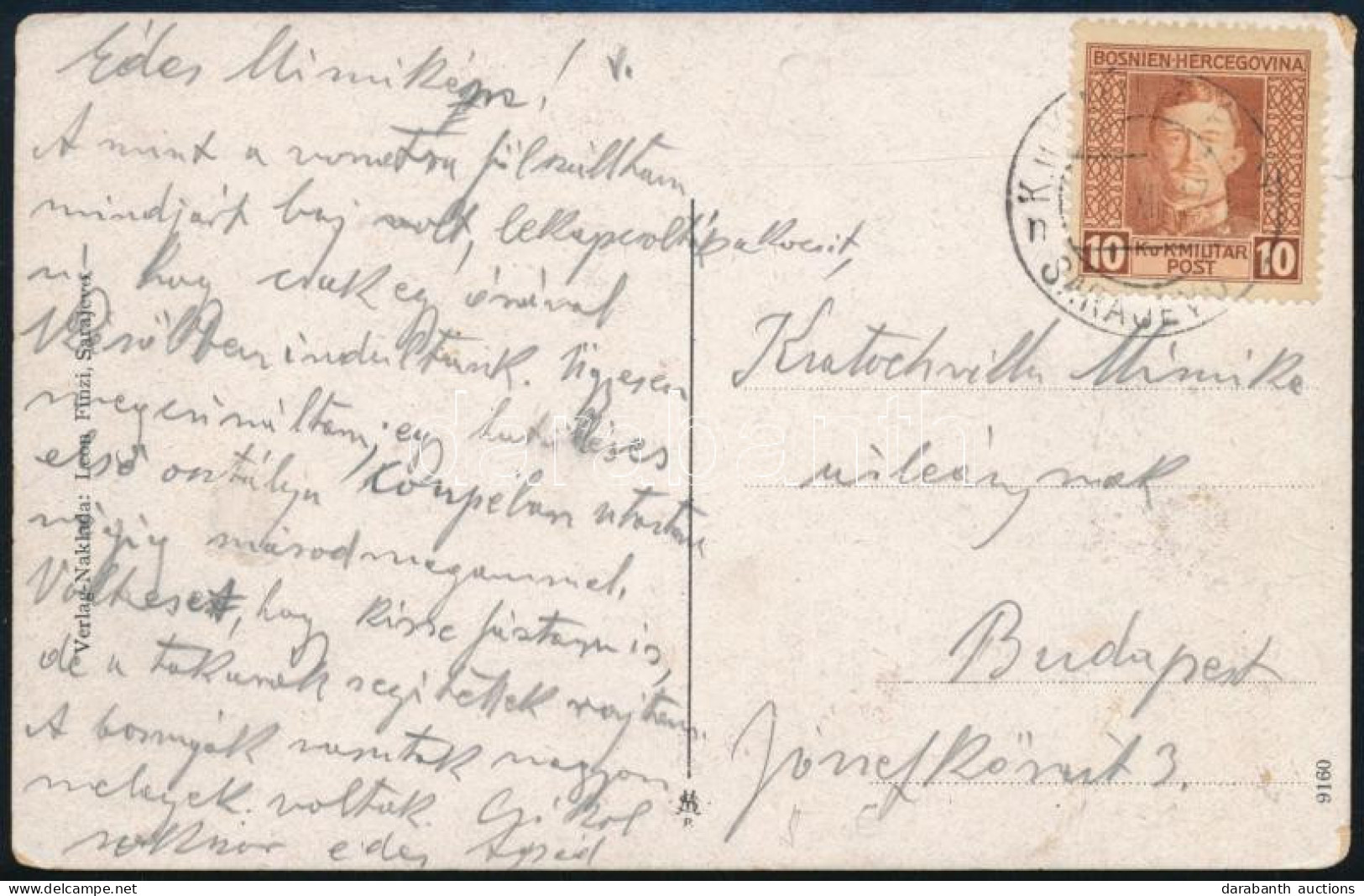 1917 Képeslap (Szarajevo) 10H Feldpost Bélyeggel "SARAJEVO" - Budapest - Otros & Sin Clasificación