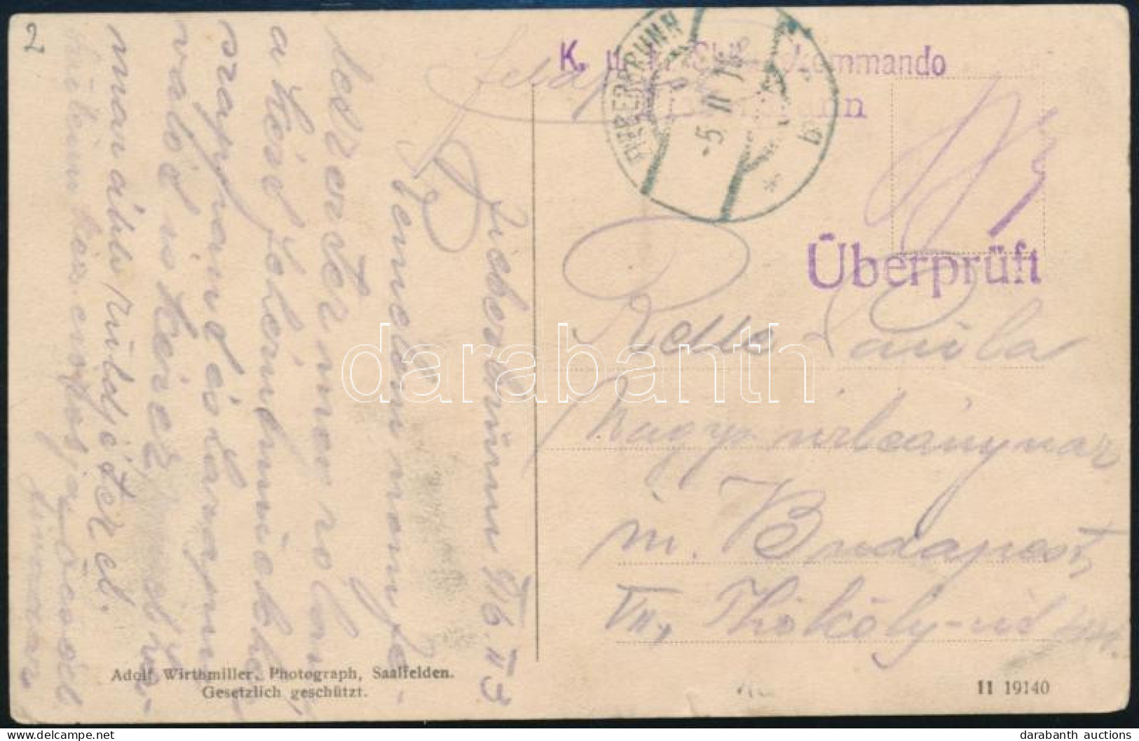 1916 Képeslap "Überprüft" + "K.u.k. Skikurskommando Fieberbrunn " - Budapest - Other & Unclassified