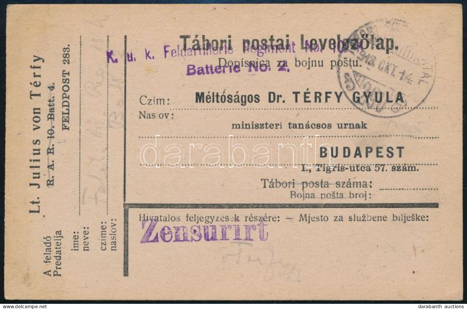 1918 Tábori Posta Levelezőlap "K.u.k. Feldartillerie Regiment No.10." + "TP 290" - Otros & Sin Clasificación