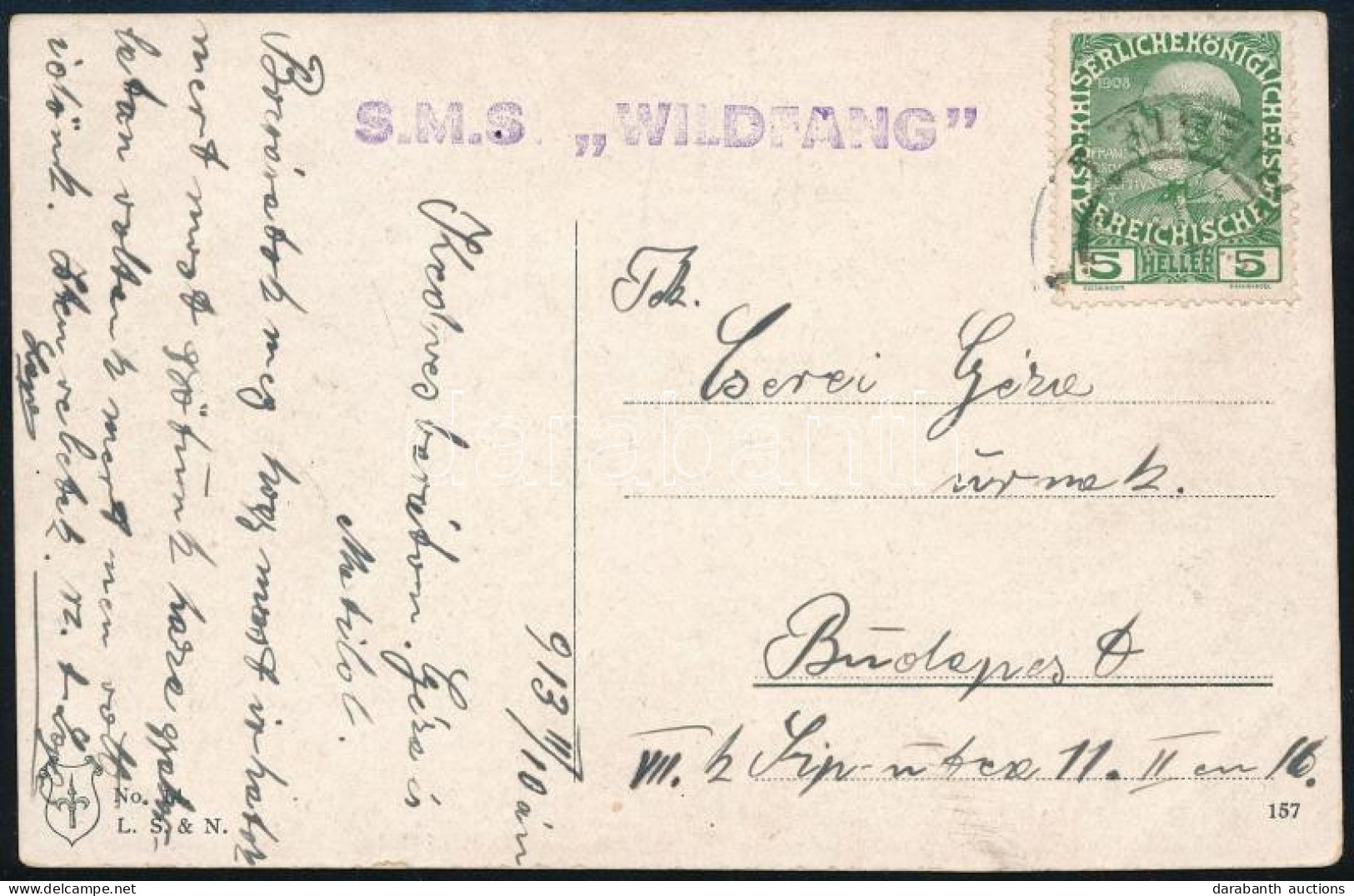 1913 Tábori Posta Képeslap 5h Bérmentesítéssel "S.M.S. WILDFANG" - Altri & Non Classificati