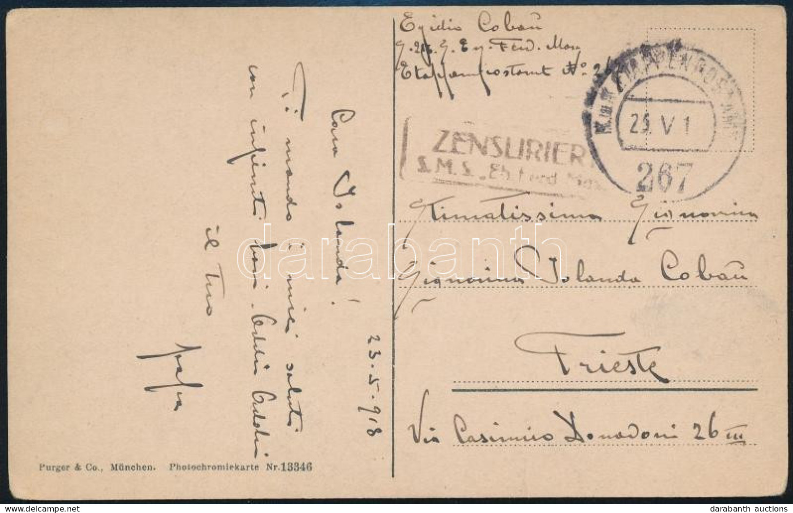 1918 Magyar Tábori Posta Levelezőlap "K.u.K. ETAPPENPOSTAMT 267" , "ZENSURIERT / S.M.S. Eh. Ferd. Max" - Altri & Non Classificati