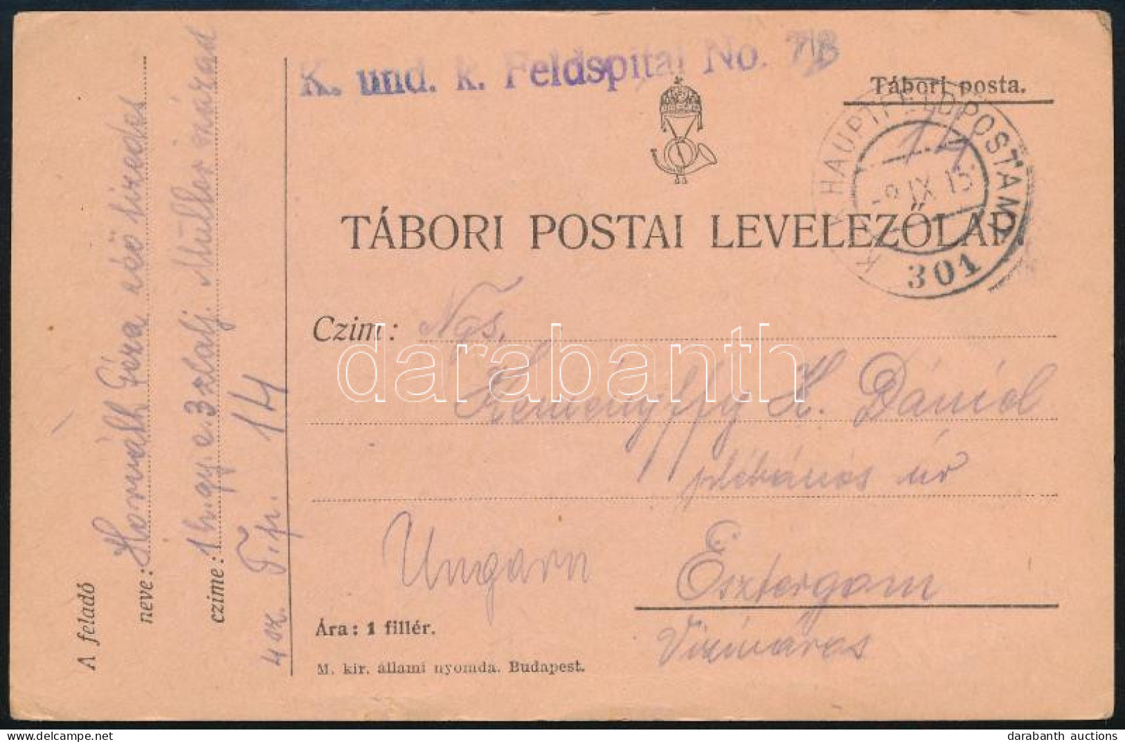 1915 Tábori Posta Levelezőlap "K. Und K. Feldspital No. 7/8" + "HP 301" - Altri & Non Classificati