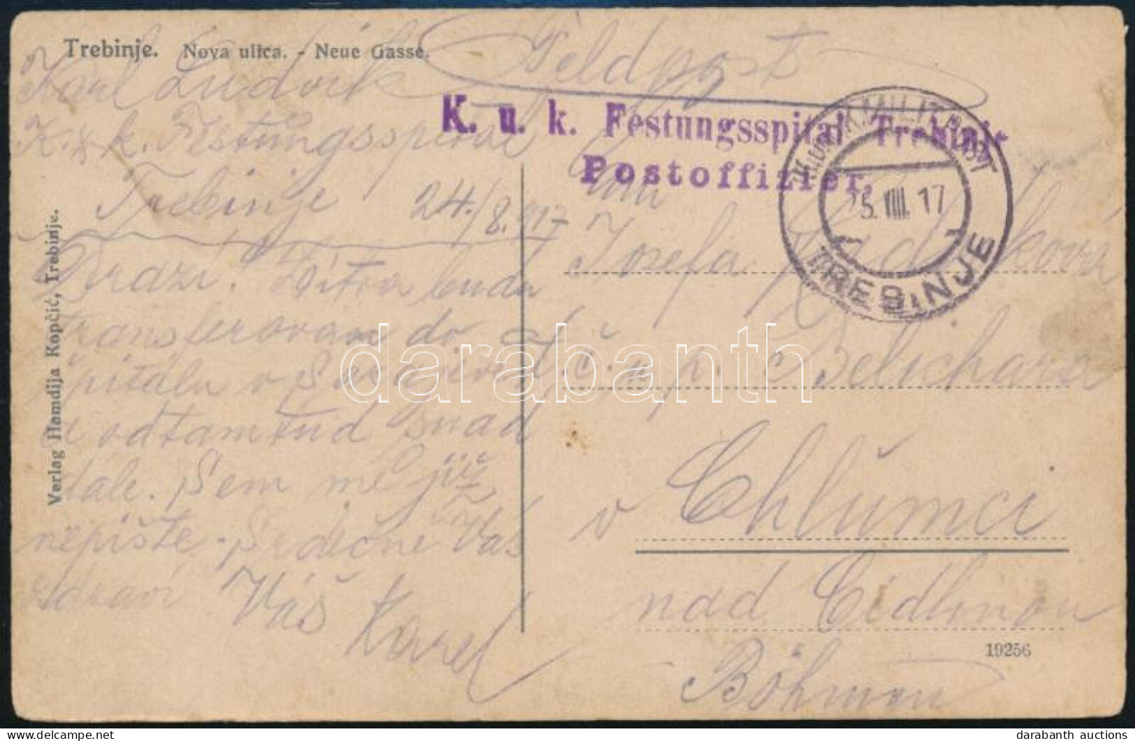 1917 Képeslap (Trebinje) "K.u.k. Festungsspital Trebinje Postoffizier" - Autres & Non Classés