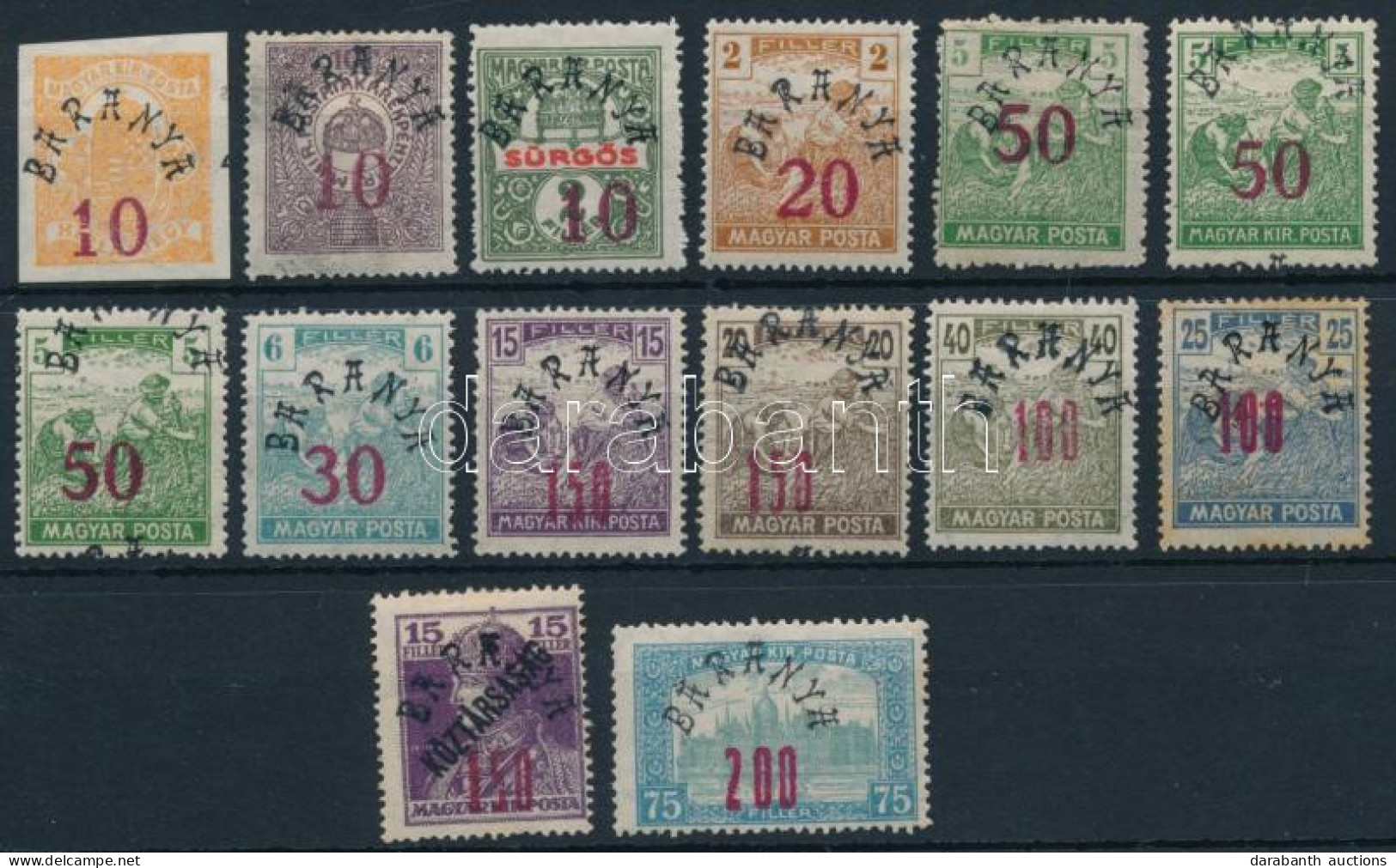 **, (*), *, O Baranya I. + II. 1919 49 Db Bélyeg Bodor Vizsgálójellel, Néhány érték Rozsdás / Some Stamps With Stain (19 - Other & Unclassified