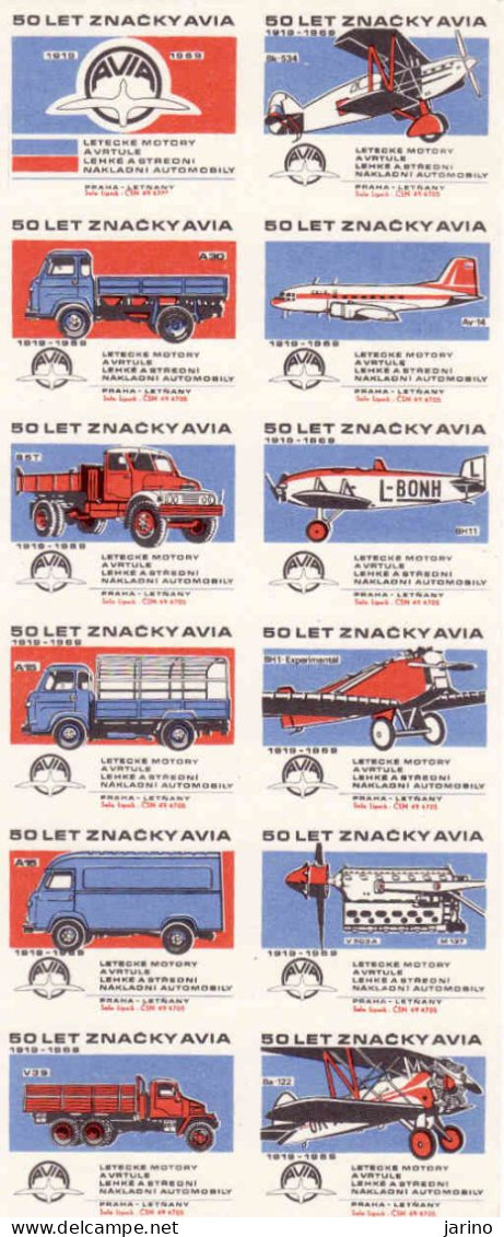 Czechoslovakia - Czechia 12 Matchbox Labels 1969, 50 Years Of AVIA Prague Letnany - Aircraft And Truck Manufacturer - Boites D'allumettes - Etiquettes