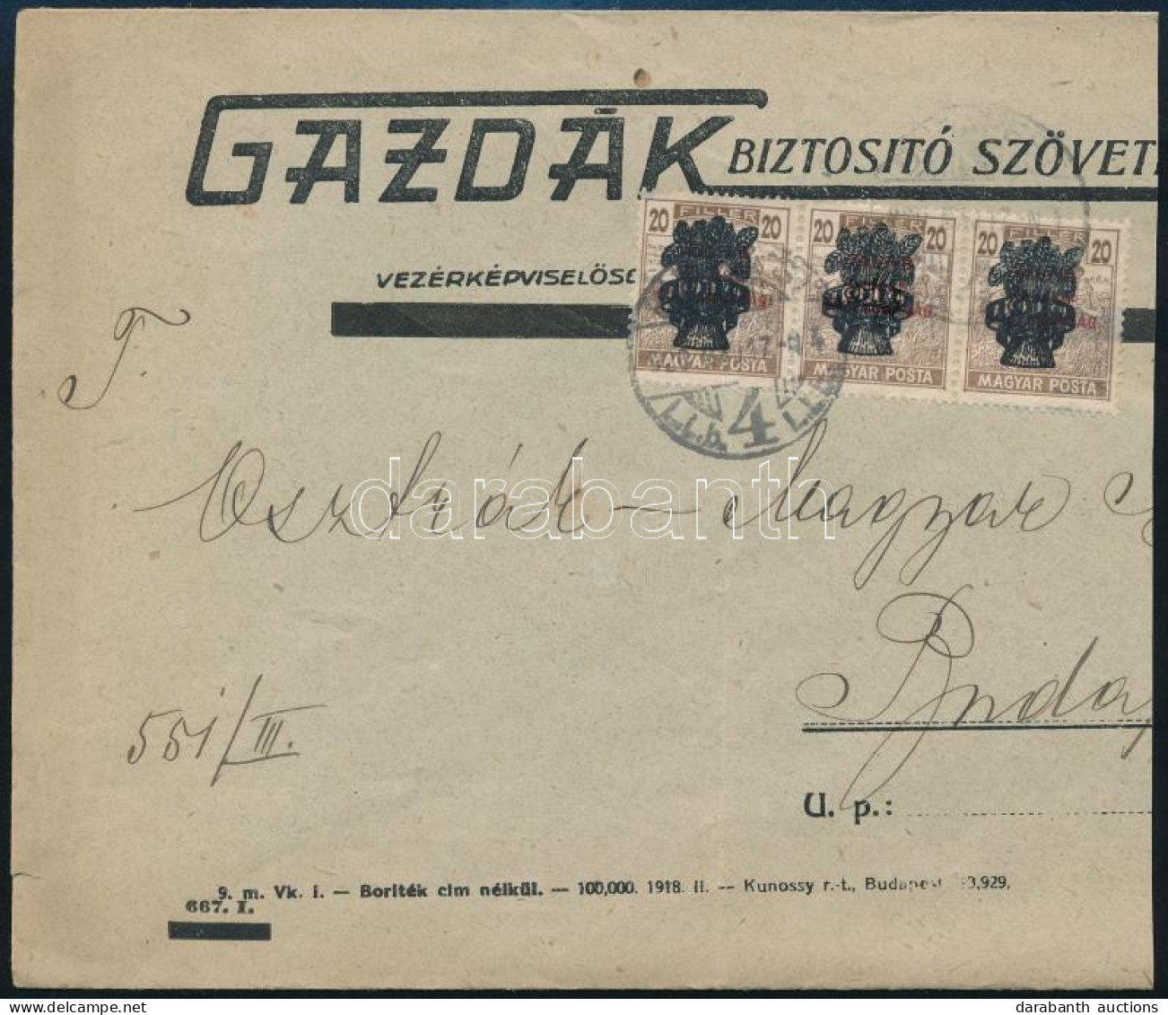 1920 Budapest Helyi Levéldarab Búzakalász 20f Hármascsíkkal Bérmentesítve - Otros & Sin Clasificación