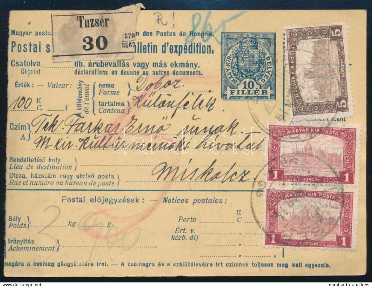 1921 Csomagszállító 9K Bérmentesítéssel "TUZSÉR" - Miskolc - Other & Unclassified