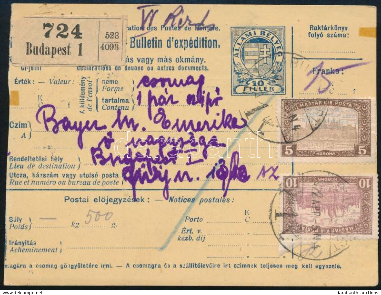 1922 Budapest Helyi Csomagszállító 15K Bérmentesítéssel - Other & Unclassified