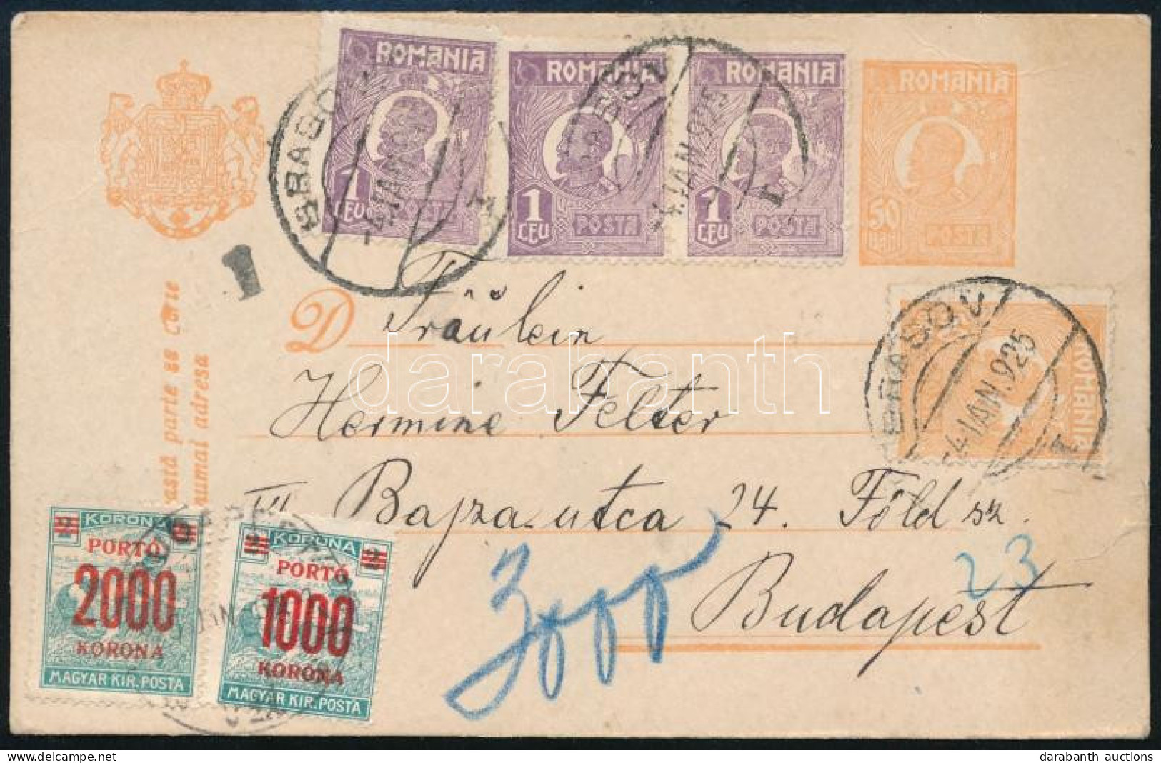 1925 Levelezőlap Romániából Budapestre 3000K Portóval - Andere & Zonder Classificatie