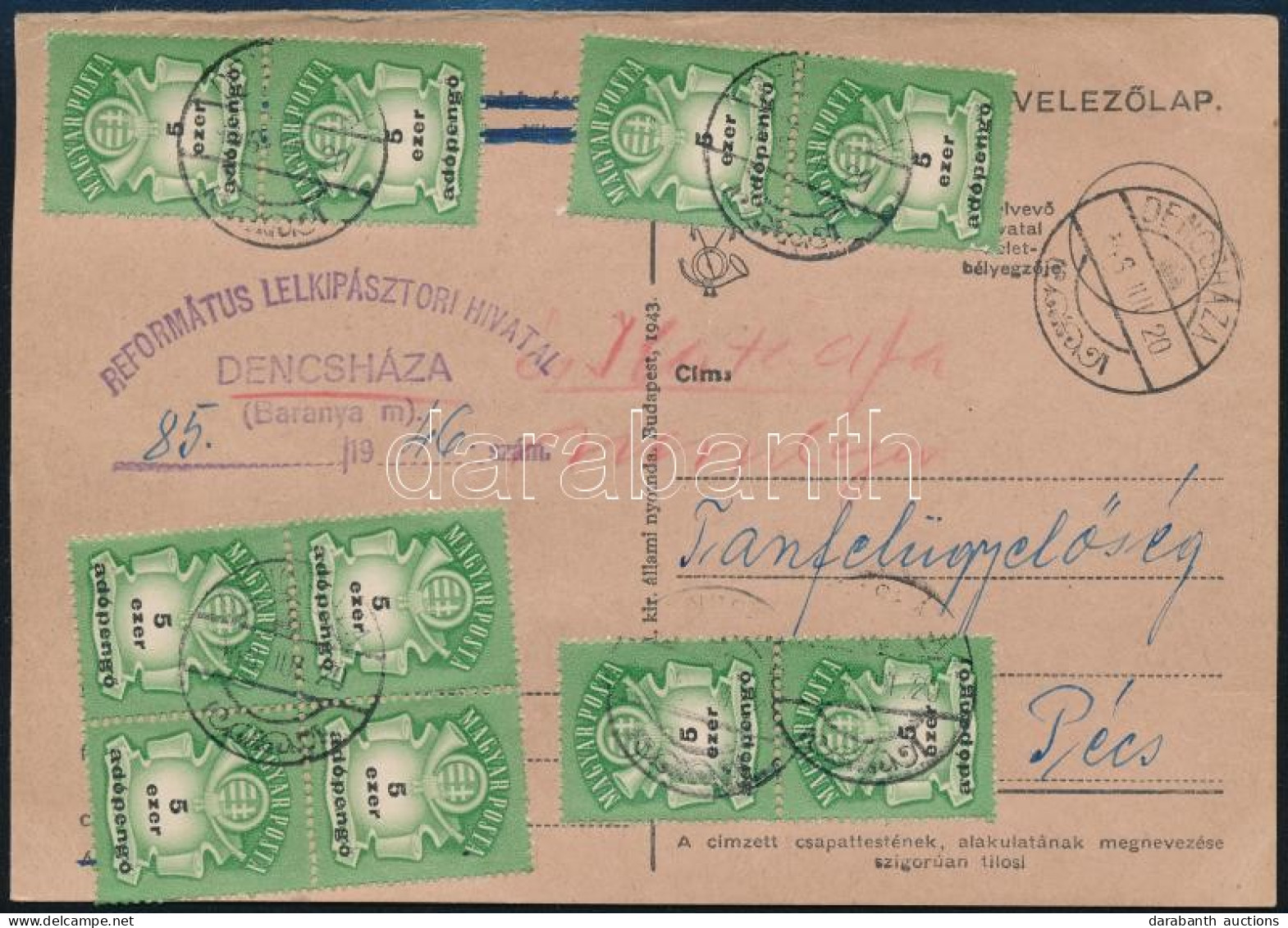 1946 (26. Díjszabás) Levelezőlap 10 X 5ezer Adópengő Bérmentesítéssel / Postcard With 10 X Mi 933 "DENCSHÁZA" - Pécs - Otros & Sin Clasificación