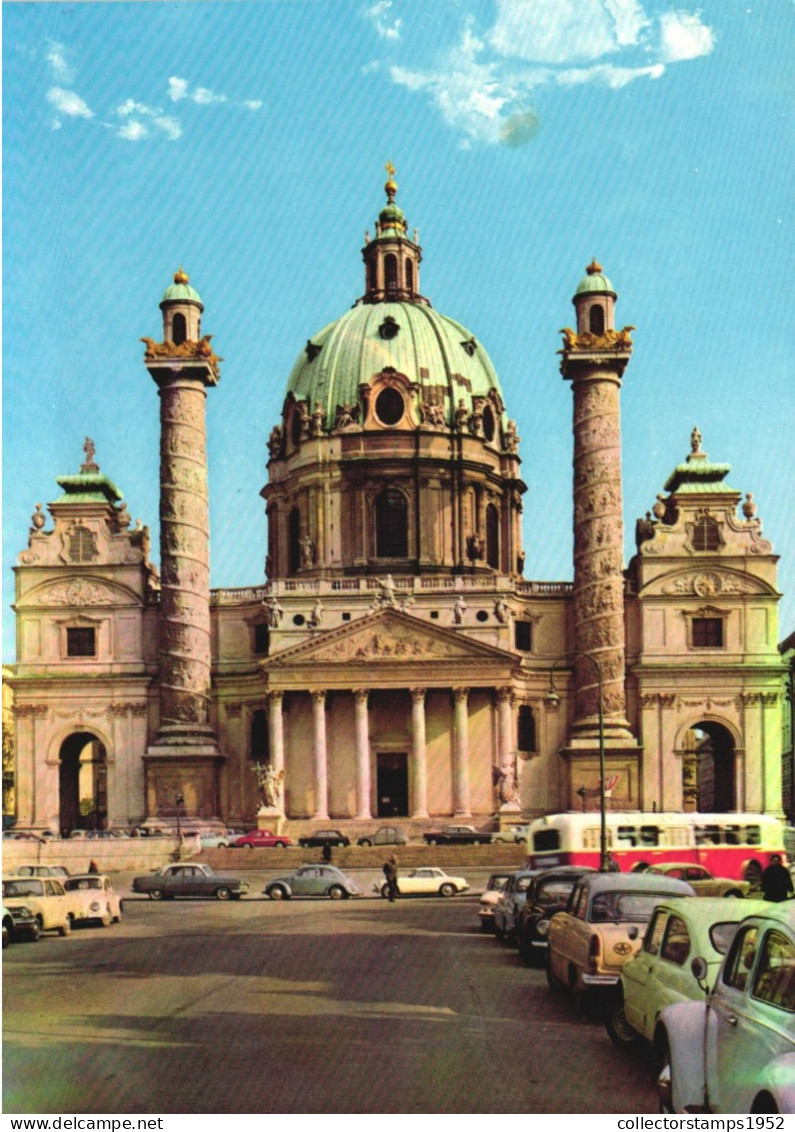 VIENNA, ARCHITECTURE, ST. CHARLES' CHURCH, BUS, CARS, AUSTRIA, POSTCARD - Churches