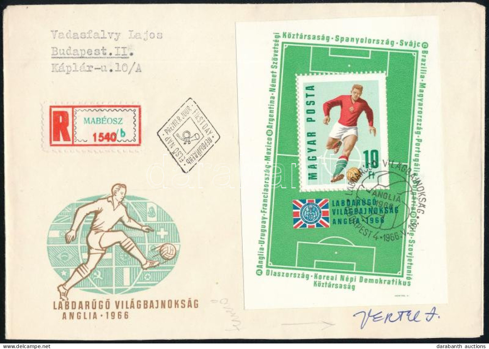 1966 Labdarúgó VB Blokk Ajánlott FDC-n, Vertel József Aláírásával - Other & Unclassified