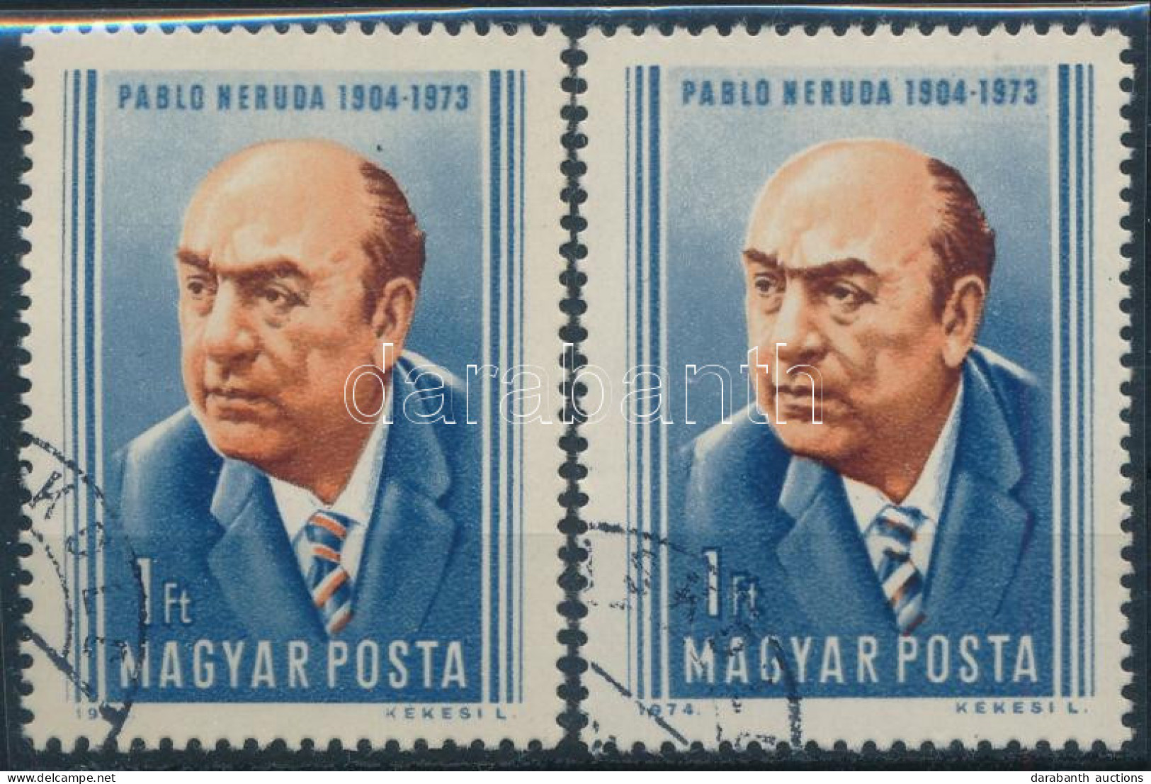 O 1974 Pablo Neruda 2 Db Bélyeg, A Nyakkendő Csíkjai Különböző Módon Eltolódva - Otros & Sin Clasificación