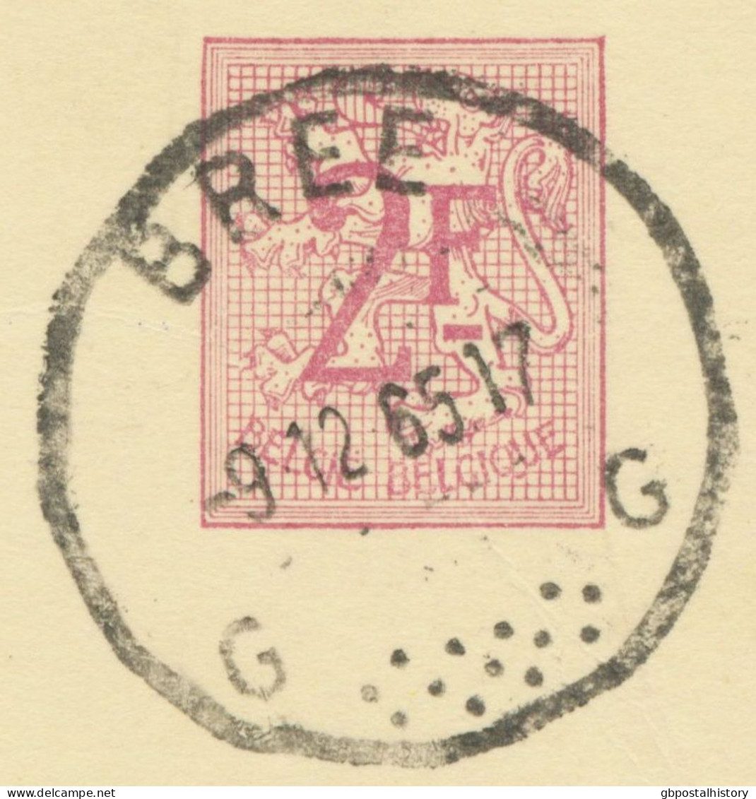 BELGIUM VILLAGE POSTMARKS  BREE G Rare SC With Unusual 13 Dots 1965 (Postal Stationery 2 F, PUBLIBEL 2088) - Postmarks - Points