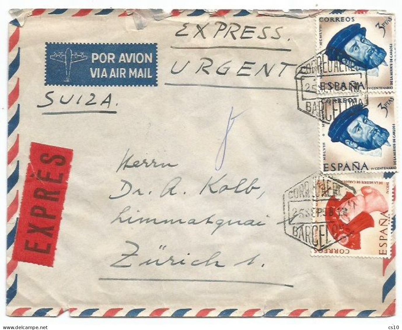 Espana Expres URGENTE Airmail Cover Barcelona 25sep1958 X Suisse With Carlos I Ptas.3x2 + Pta.1 - Special Delivery