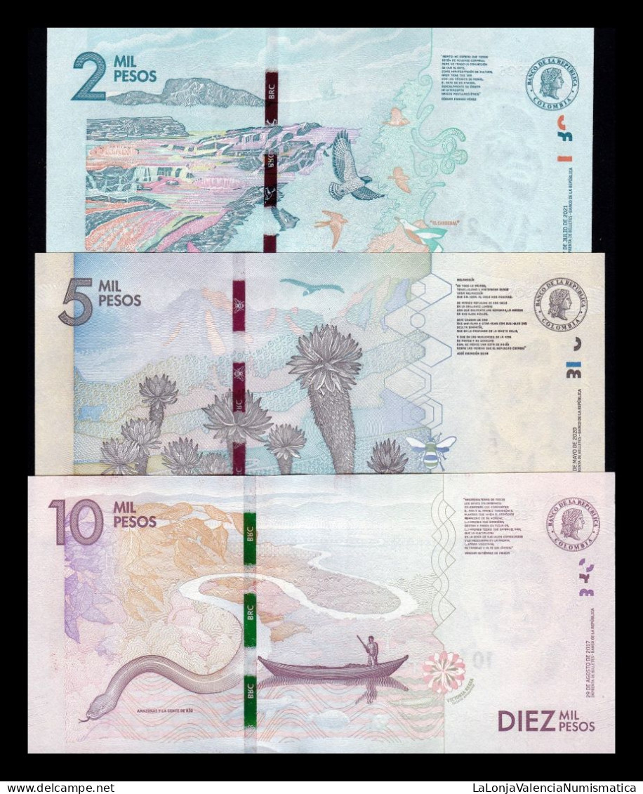 Colombia Set 3 Banknotes 2000 5000 10000 Pesos 2014-2021 Pick 458 459 460 Sc Unc - Kolumbien