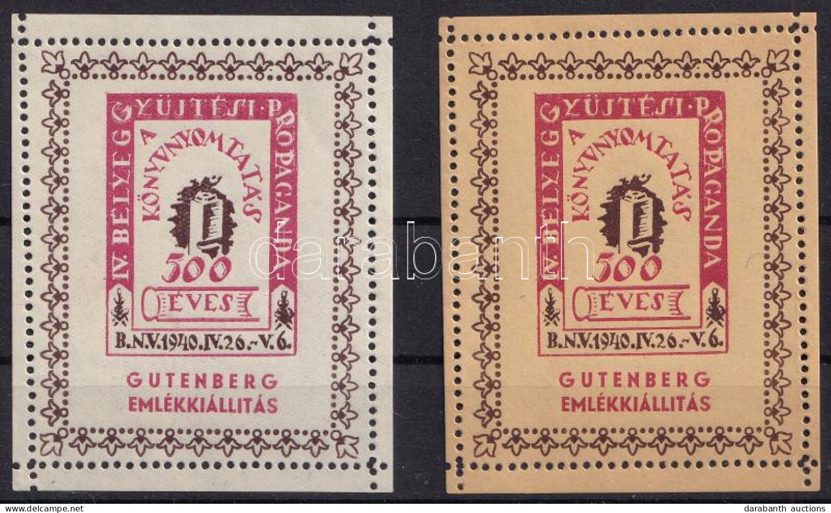 ** 1940/8aa + 8ba IV. Bélyeggyűjtési Propaganda - Gutenberg Emlékív Blokk (20.000) - Otros & Sin Clasificación