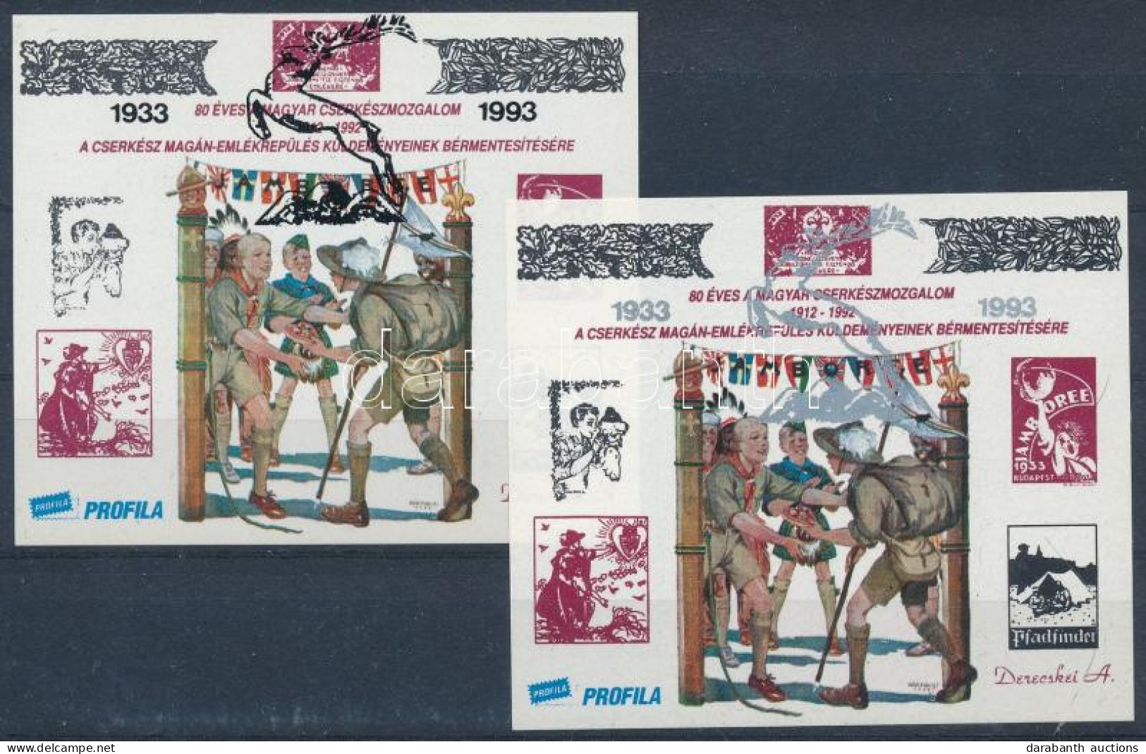 ** 1993/3a+b Cserkész Emlékív Pár Felülnyomva (10.000) / Overprinted Souvenir Sheet Pair - Other & Unclassified