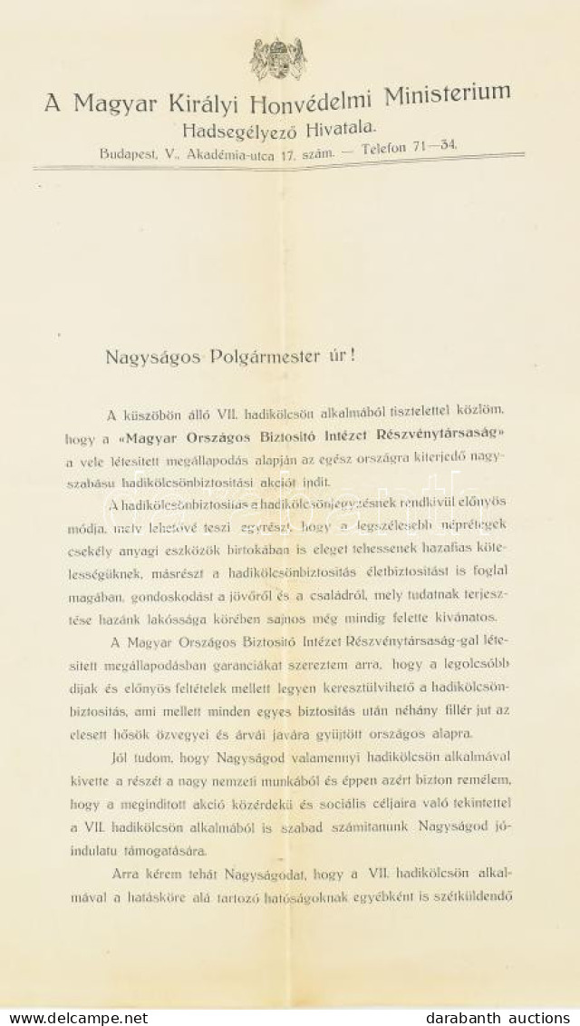 1915 Hadsegélyező Hivatal Hadikölcsön Felhívása Polgármesterek Részére. 2 P. - Other & Unclassified