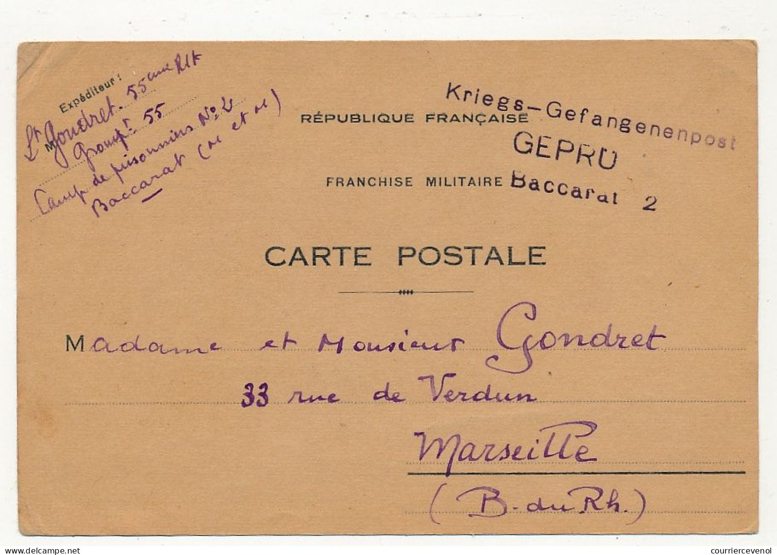 Carte Postale De Franchise  Militaire, Depuis Le Front Stalag N°2 De BACCARAT (Meurthe Et Moselle) 1940 - WW II