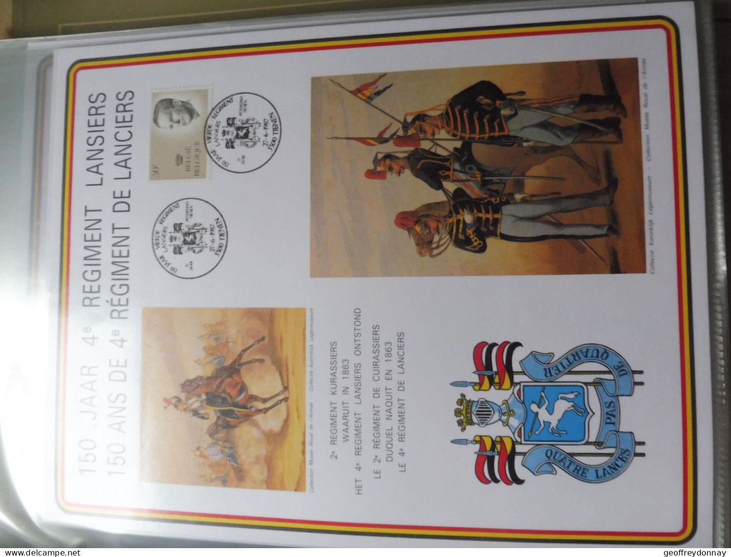 Souvenir Belgique Belgie 2127 ( 1987 ) War Regiment Lanciers Militaire  Gestempelt Oblitéré Tienen Perfect - Gedenkdokumente