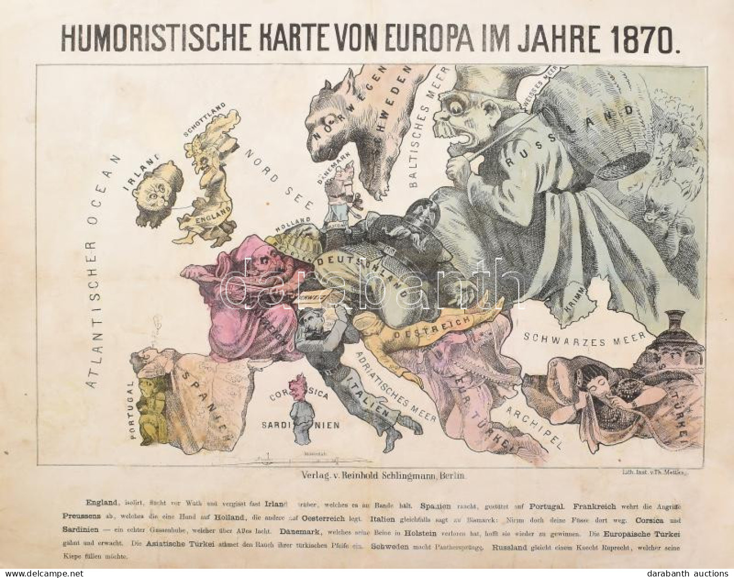 1870 Humoristische Karte Von Europa Im Jahre 1870., Verlag: Reinhold Schlingmann, Restaurált, 35×43 Cm - Sonstige & Ohne Zuordnung