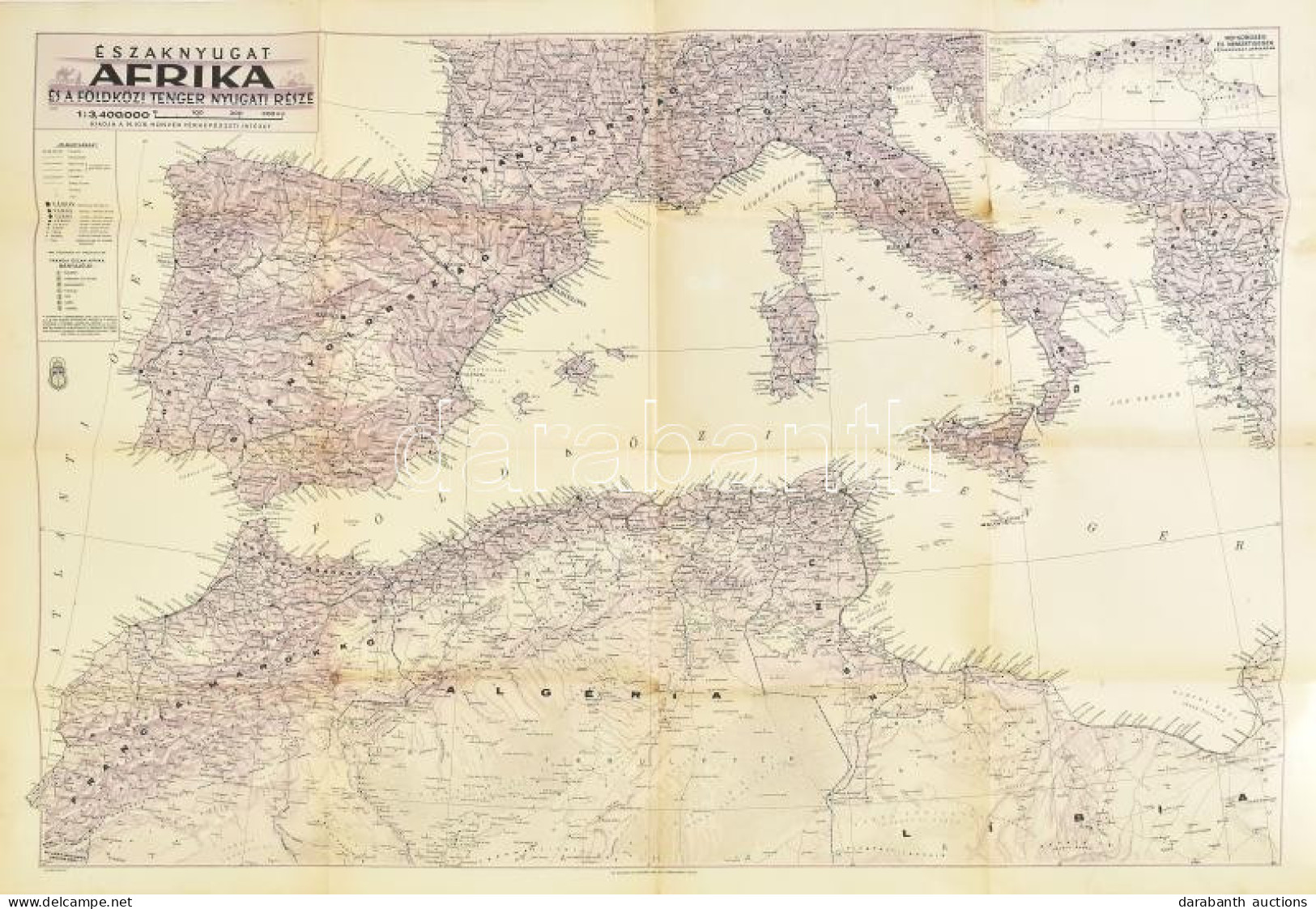 Cca 1942 Északnyugat-Afrika és A Földközi-tenger Nyugati Része,1:3,400.000, Bp., M. Kir. Térképészeti Intézet, Hajtott,  - Altri & Non Classificati