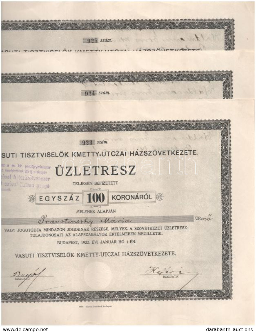 Budapest 1922. "Vasúti Tisztviselők Kmetty-utczai Házszövetkezete" Névre Szóló üzletrész 100K-ról (3x) Sorszámkövetők "9 - Non Classificati