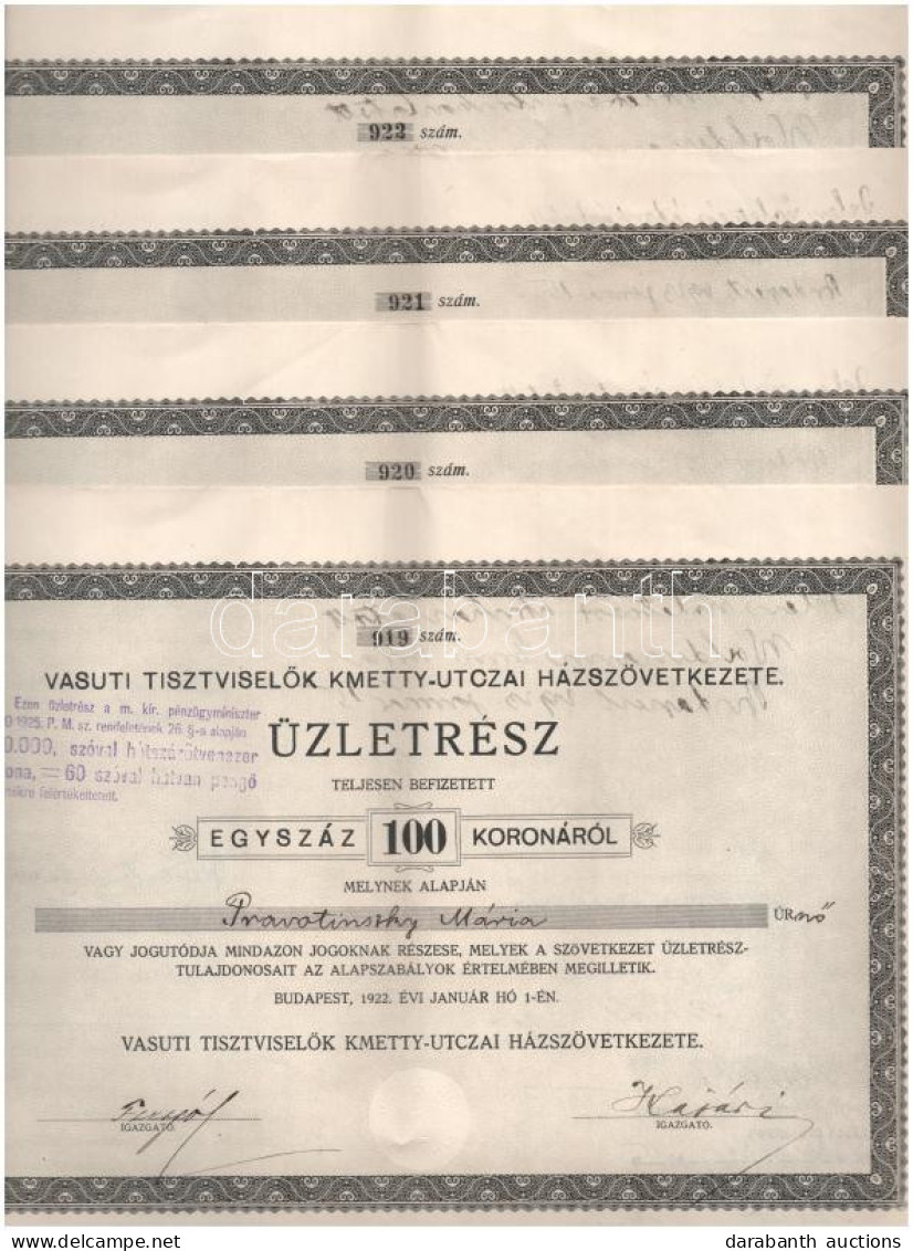 Budapest 1922. "Vasúti Tisztviselők Kmetty-utczai Házszövetkezete" Névre Szóló üzletrész 100K-ról (4x) Sorszámkövetők "9 - Ohne Zuordnung