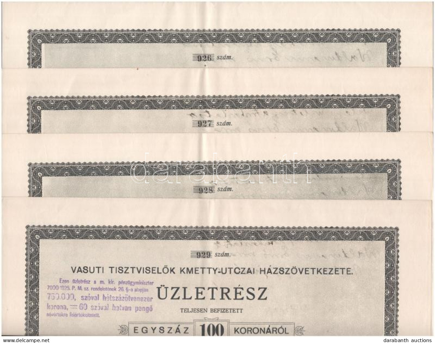 Budapest 1922. "Vasúti Tisztviselők Kmetty-utczai Házszövetkezete" Névre Szóló üzletrész 100K-ról (4x) Sorszámkövetők "9 - Unclassified