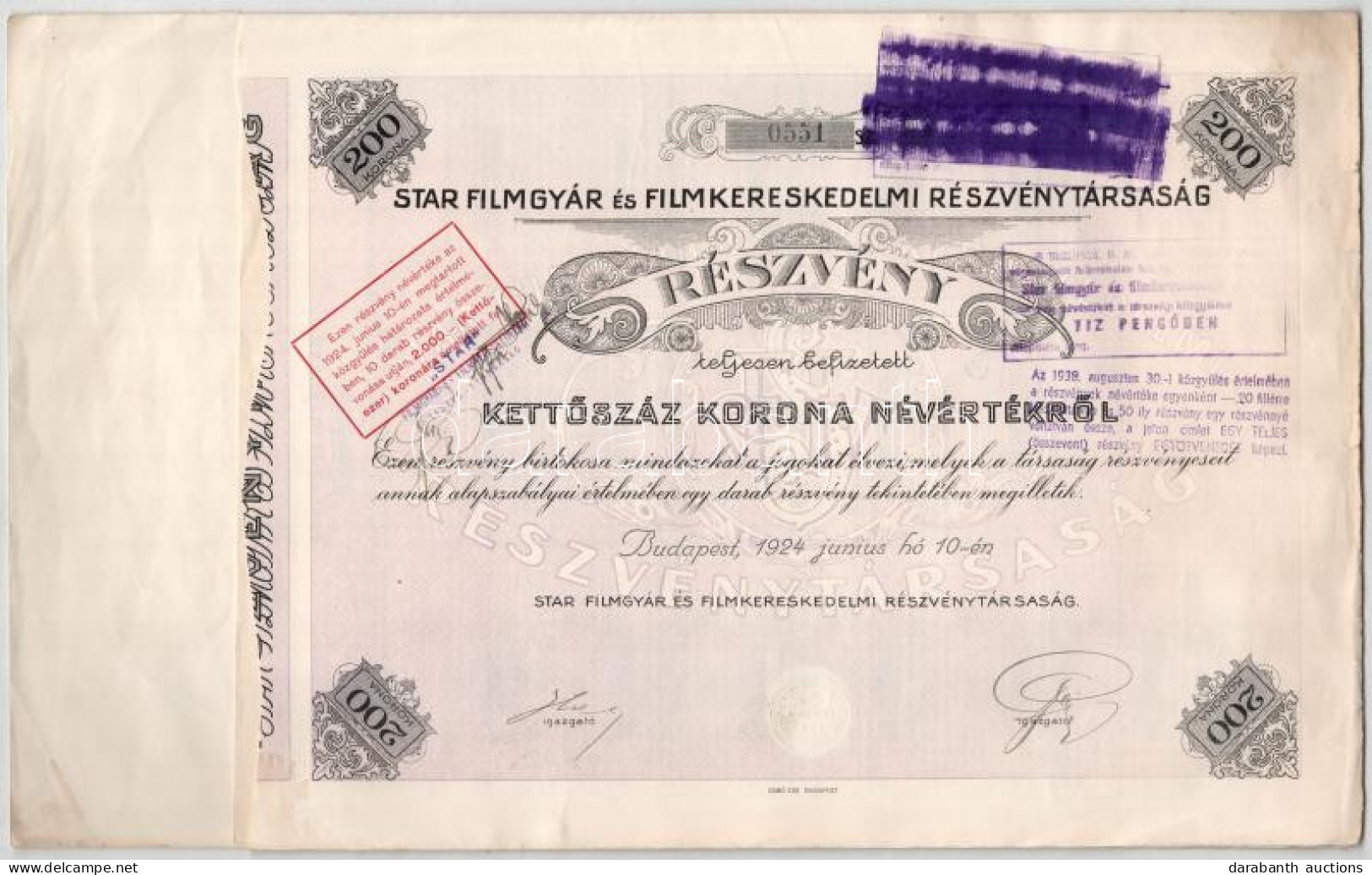 Budapest 1924. "Star Filmgyár és Filmkereskedelmi Részvénytársaság" Részvény 200K-ról, Szelvényekkel, Szárazpecséttel, F - Unclassified