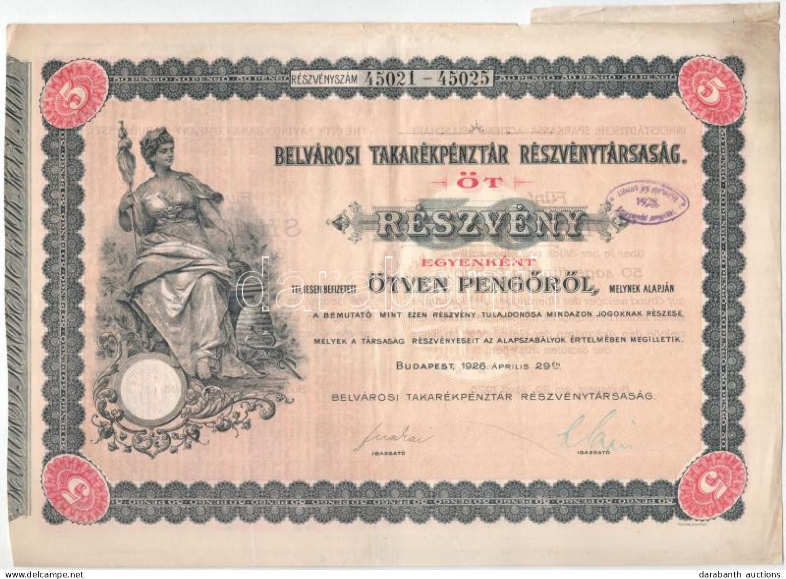 Budapest 1926. "Belvárosi Takarékpénztár Részvénytársaság" öt Részvénye Egyben 250P-ről (2x), Szárazpecséttel és Szelvén - Unclassified